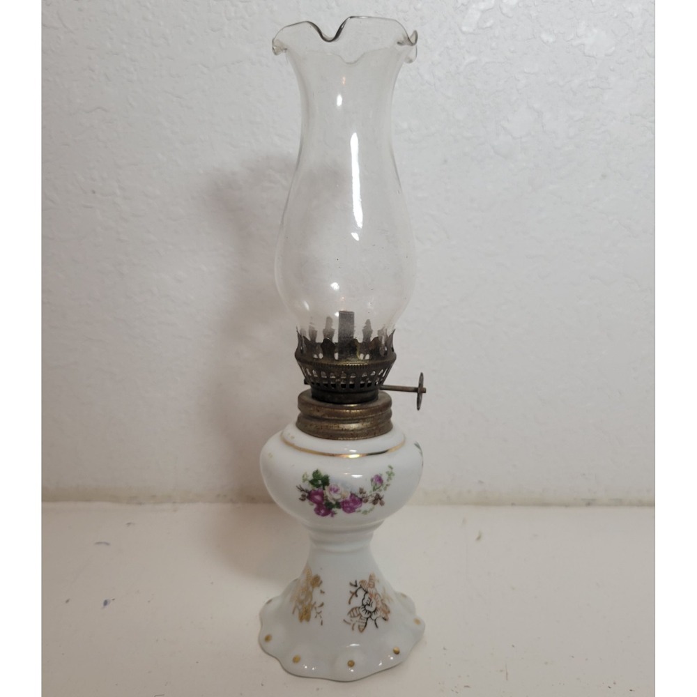 Vintage Miniature White/Floral Design Oil Lamp Home Decor Gold Trim